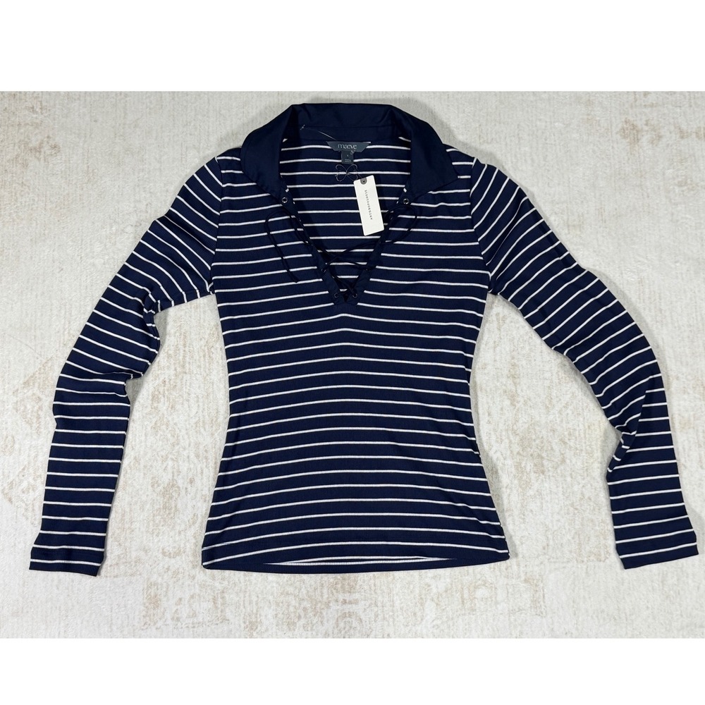 Maeve Anthropologie Navy White Striped Lace Up Ribbed Top Long Sleeve Small NWT